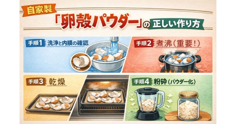 手順:卵の殻を洗浄し煮沸殺菌、乾燥させたら、パウダー状に粉砕