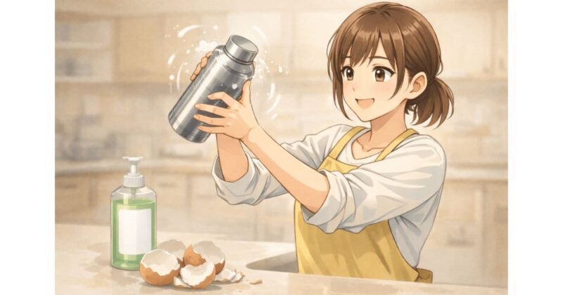 卵の殻を入れて水筒を振ると中がキレイに