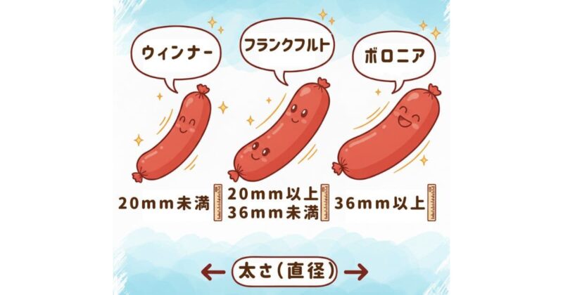 ウィンナー:直径20mm未満、フランクフルト:直径 20mm以上36mm未満、ボロニア:直径 36mm以上