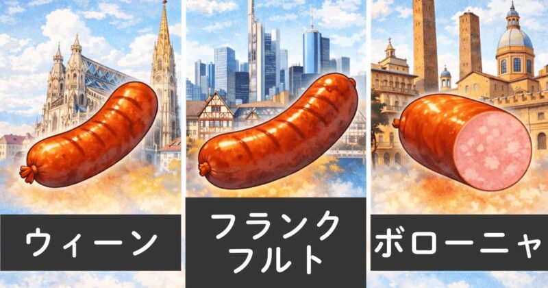 ウィンナーソーセージはウィーン、フランクフルトソーセージはフランクフルト、ボロニアソーセージはボローニャが由来の都市名